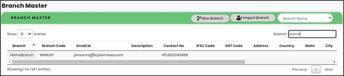 Branch search result screen- CyLock